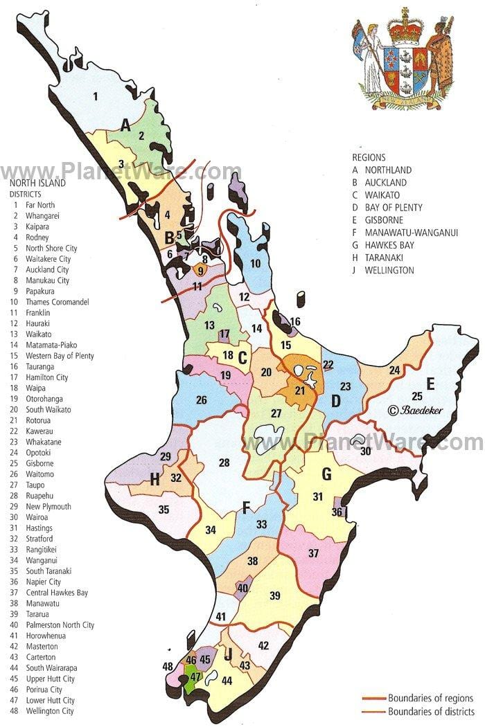 mapa da ilha norte da nova zelândia regiões e distritos