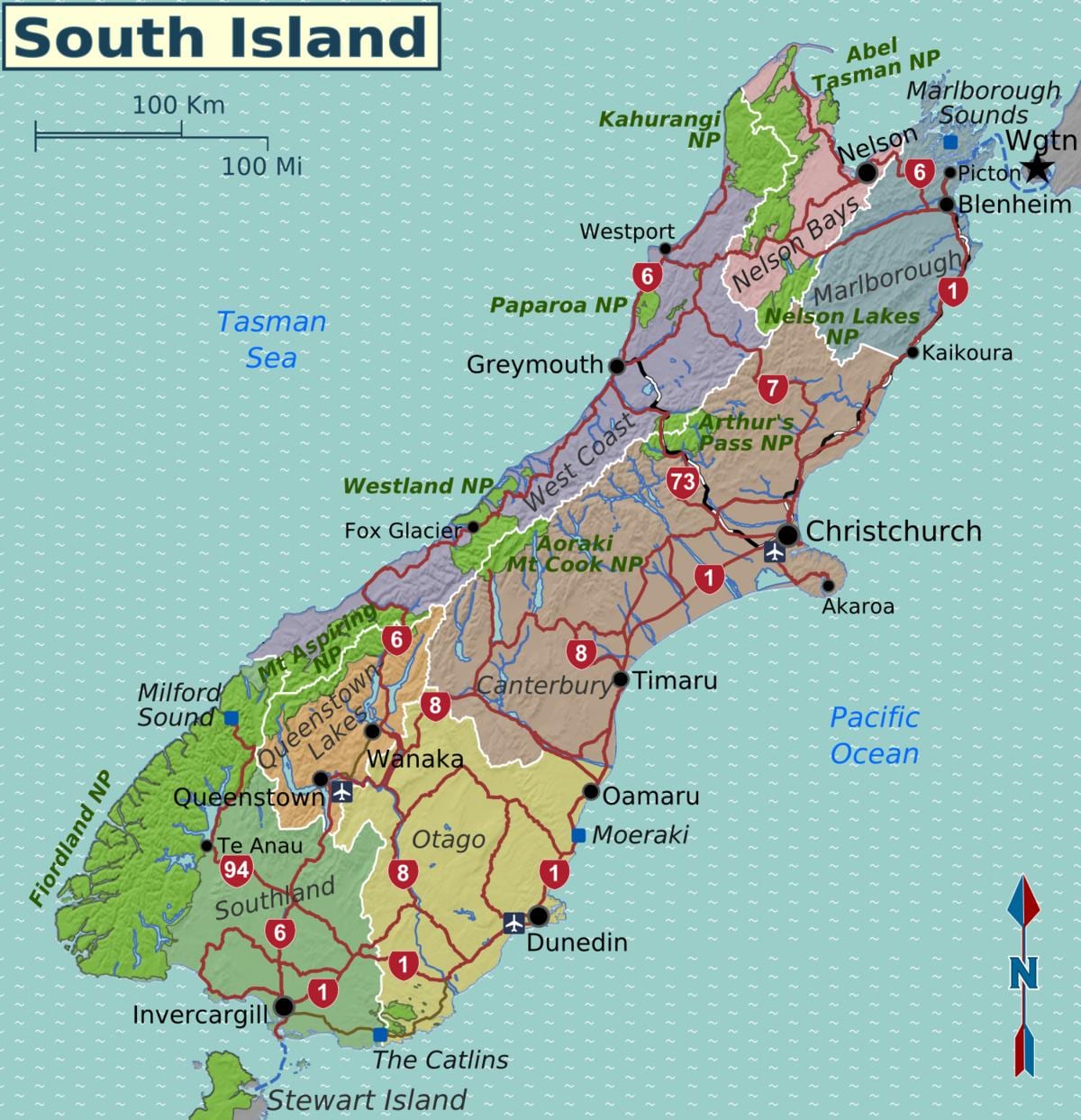 Mapa da ilha sul da nova zelândia regiões