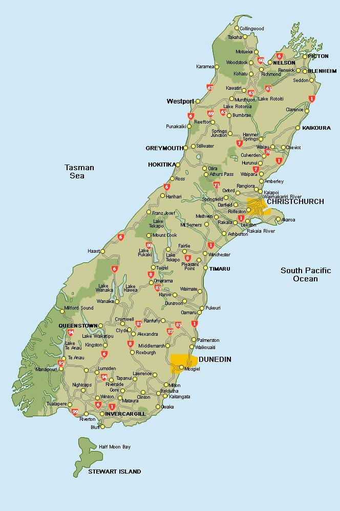 nova zelândia mapa de ilha sul mapa