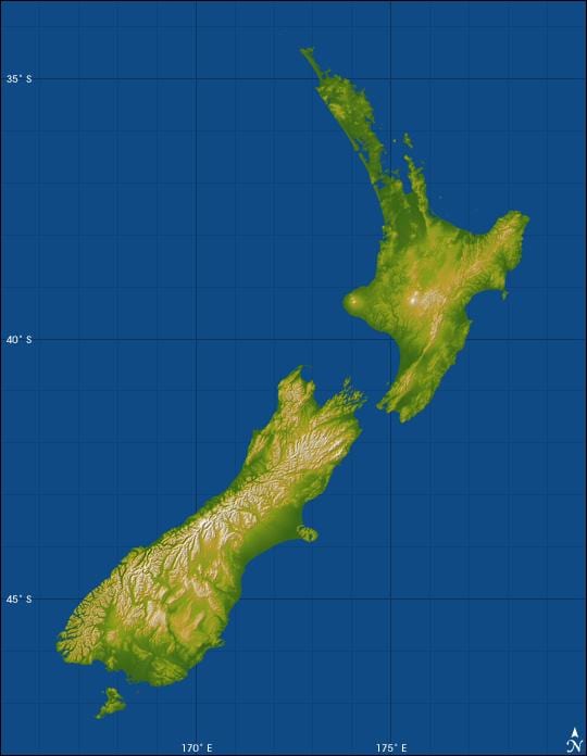 nova zelândia altitude mapa