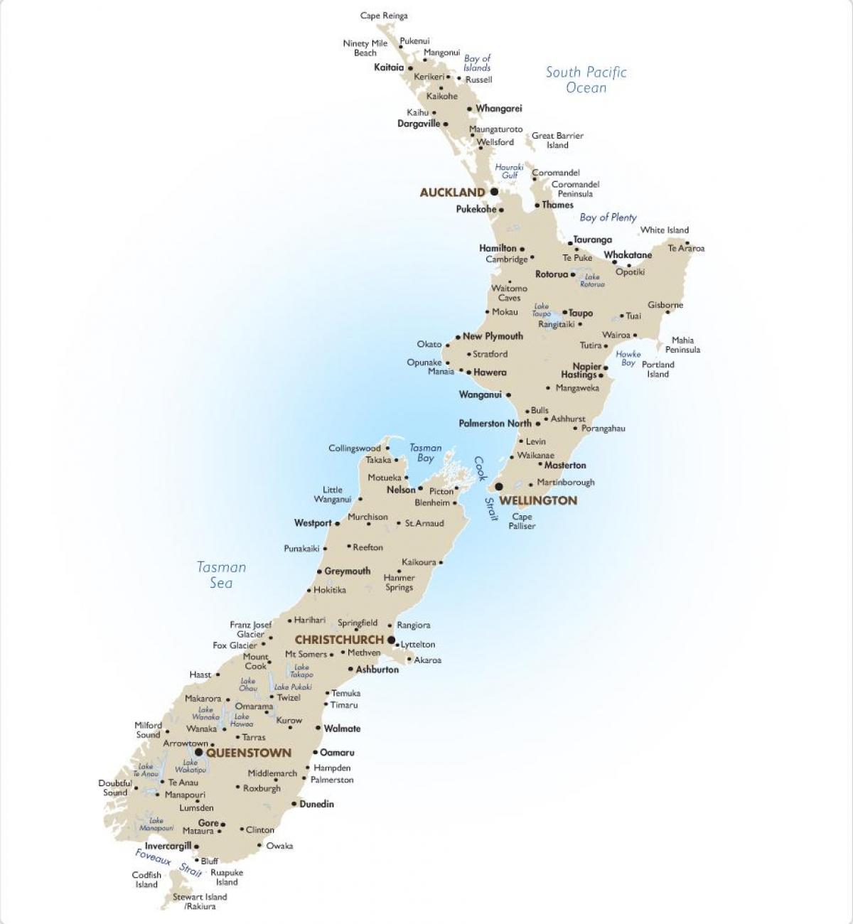 mapa de nova zelândia, com grandes cidades